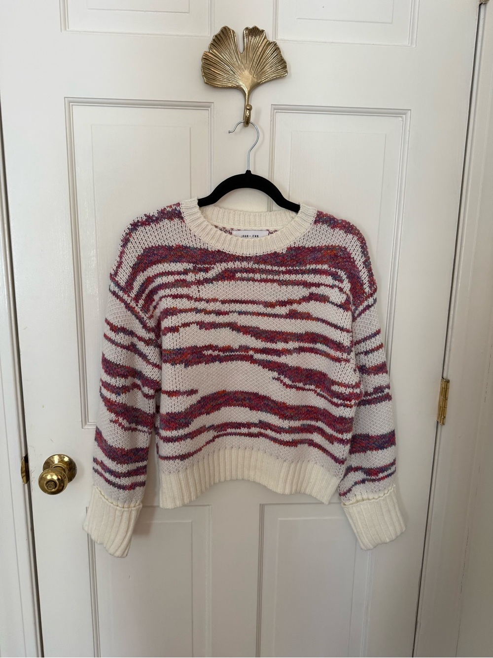 John + Jenn Cream Sweater with Pink & Maroon Wave Stripes